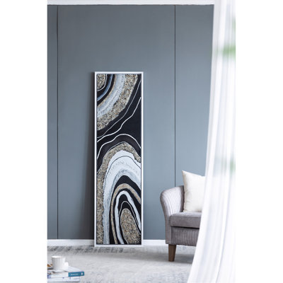 70.9x19.7x1.5" Elongated Landscape Rectangle Framed Oil Painting, Brown and Black with Silver Stones