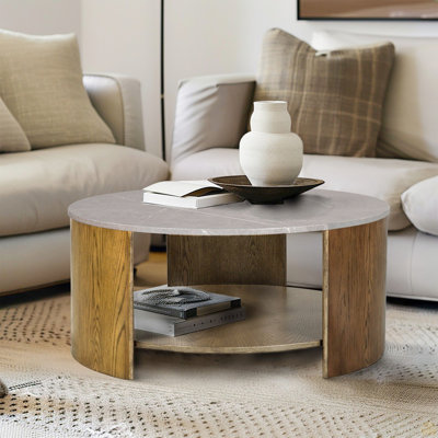 Round Mixed Material Coffee Table With Shelf