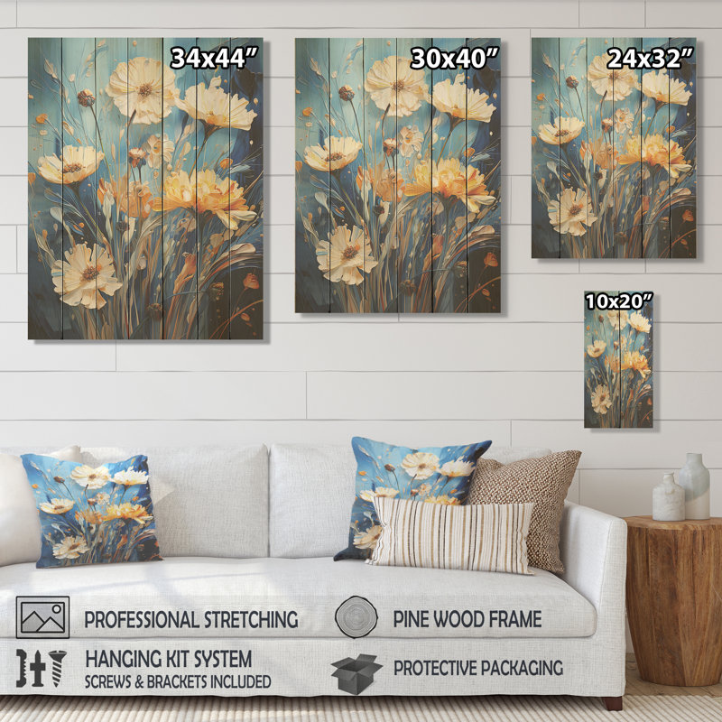«White Calm Cornflowers Meadows I» - Bleuet sur bois, H 20 po x l 10 po