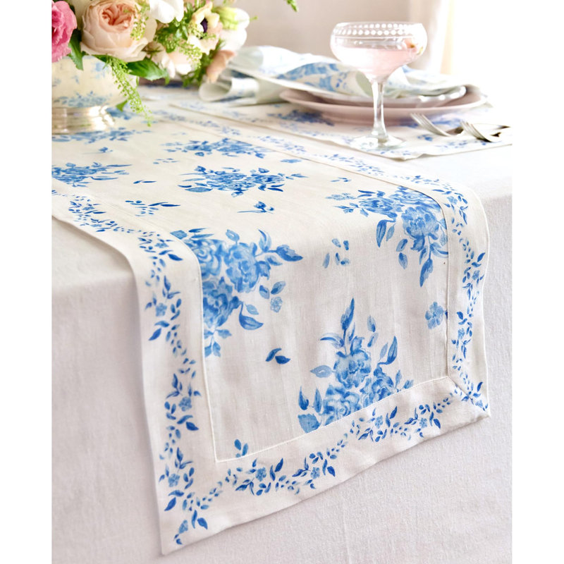 Chemin de table Jolie Fleur - 100% lin pur, 60 po x 14 po, Bleu