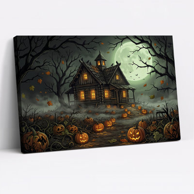 «Haunted House with Glowing Pumpkins Under Full Halloween», art mural sur toile