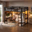 Lit mezzanine double avec tablettes de rangement et bureau, lit mezzanine en métal avec ports USB, lumières et tringle de suspension