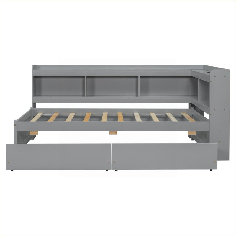 Lit plateforme simple en pin massif avec bibliothèque en forme de L, chargement intégré et deux tiroirs de rangement, gris froid