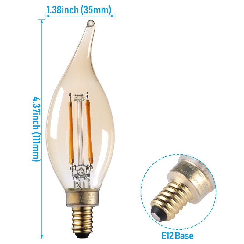 Ampoule DEL candélabre 4,5 W (équivalent 40 W), ampoule DEL dimmable pour lustre, verre ambré 2000 K, 300 lm, ampoule à filament effet flamme, culot E12