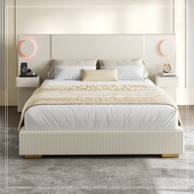 Grand lit rembourré Randwick avec lumières DEL, ports de chargement USB et tiroirs de rangement latéraux