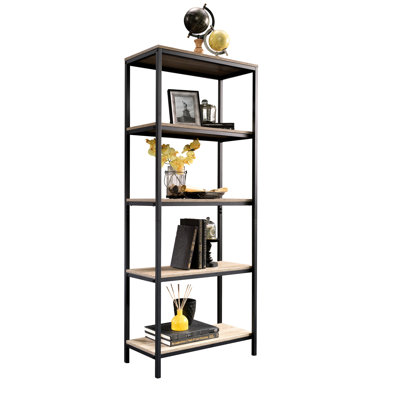 Brun, haut, bibliothèque, quatre tablettes ouvertes, Hardy, cadre en métal noir, rangement et présentation, finition en bois d'ingénierie brun, grand robuste,