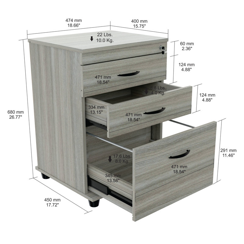 Galgano 18.66'' Wide 3 -Drawer Mobile File Cabinet, Washed Oak