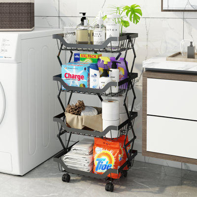 4-Tier 30'' H x 13.8'' W Utility Cart Metal Foldable Storage Rack with Wheels - No Installation Required
