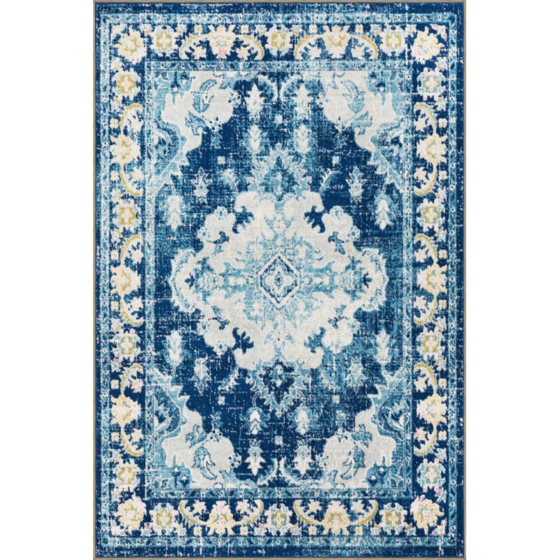 Light Blue Cream Traditional Checkered Floral Woven Base Washable Carpet, Runner 3'4" x 9'11"