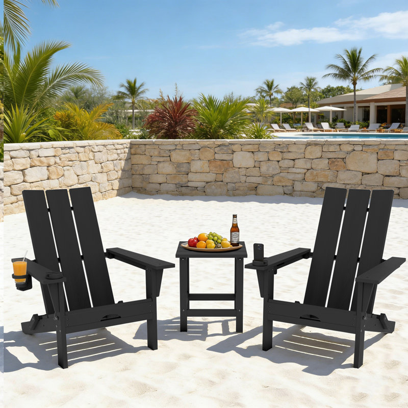 2 - Person Outdoor Folding Adirondack Chair Set With Side Table, Black