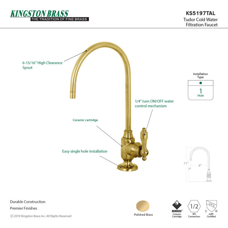 Robinet de filtration d'eau monocommande à 1 trou Kingston Brass Tudor, Laiton satiné