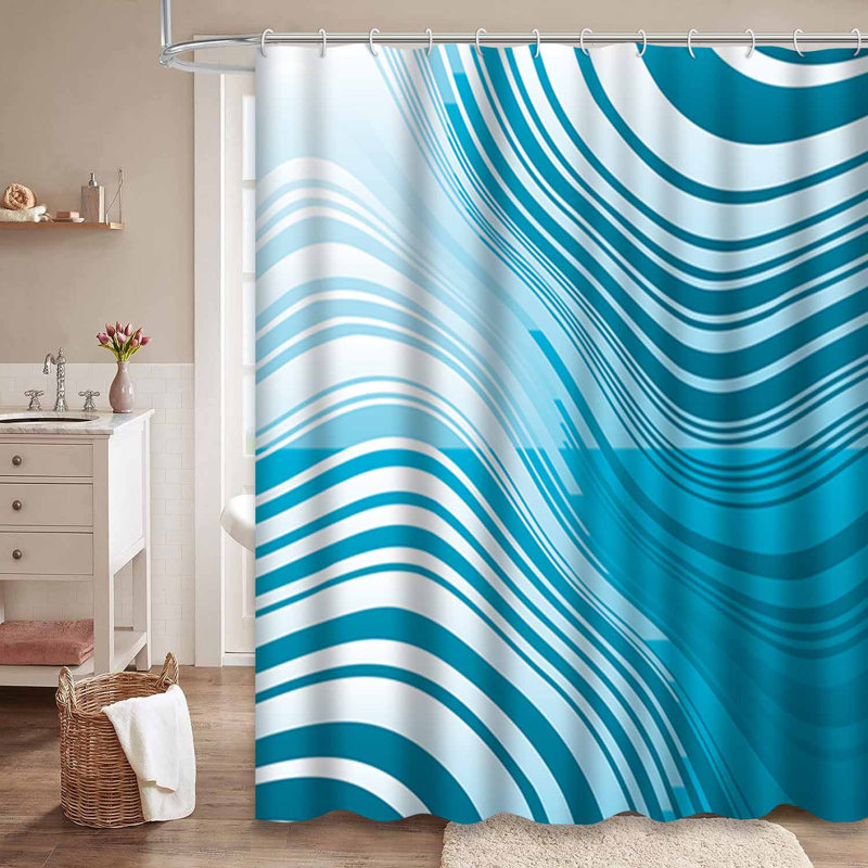 Rideau de douche à motif géométrique abstrait bleu avec 12 crochets Sea Lines, L 72 po x l 84 po
