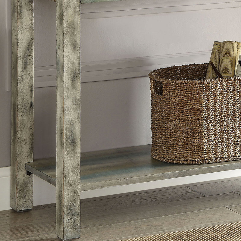 Console en bois gris antique et bleu sarcelle avec présentoir de rangement supplémentaire