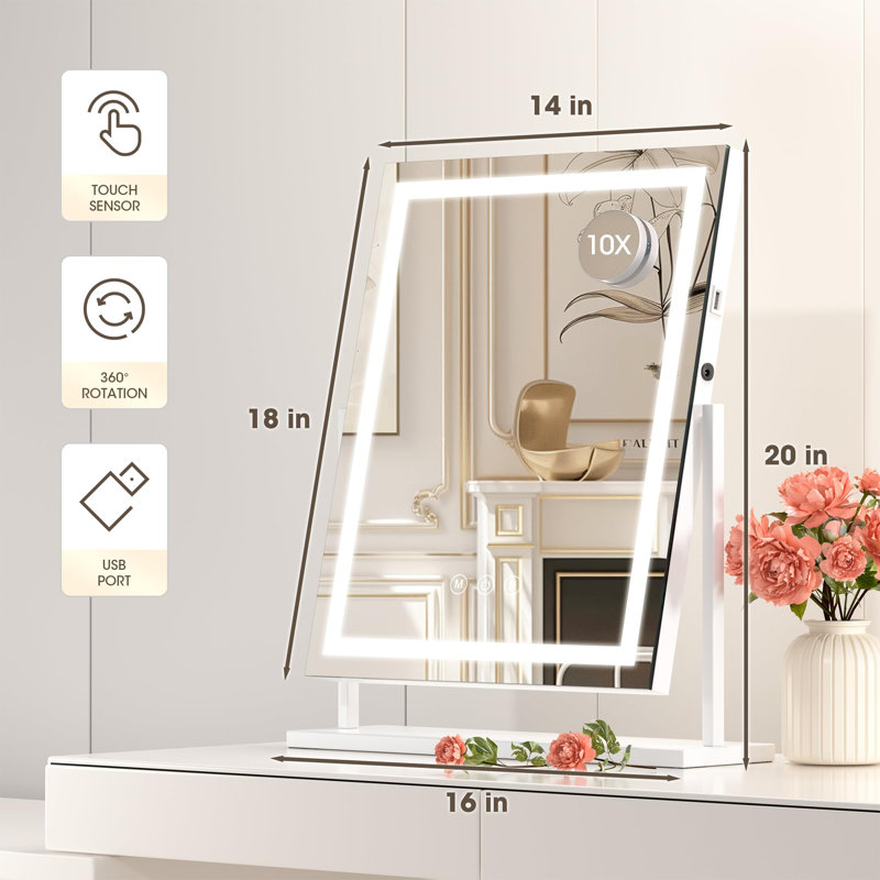 Vanity Mirror with Lights Makeup Mirror, Lightup Mirror with Smart Touch 3 Color Modes and Brightness Adjustment, 10X Magnifying Glass,360° Rotation