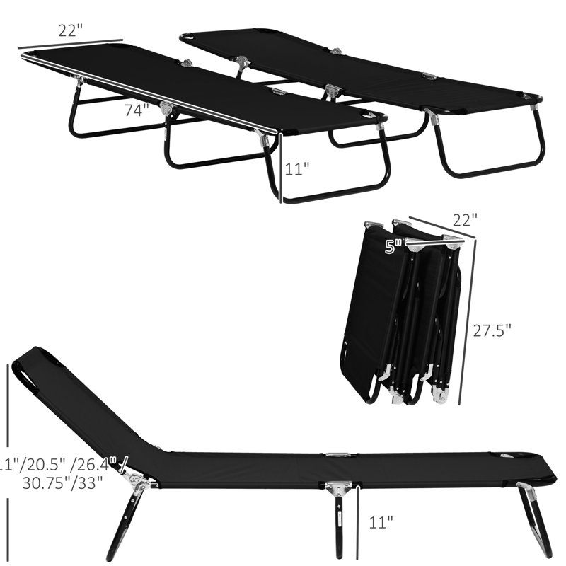 2 Piece Folding Patio Sun Chairs For Sunbathing, 5-Level Adjustable Reclining, Steel Frame Beach, Yard, Black Poolside Chaise Lounge Chairs, 5 Positions Back, Tanning, Patio,
