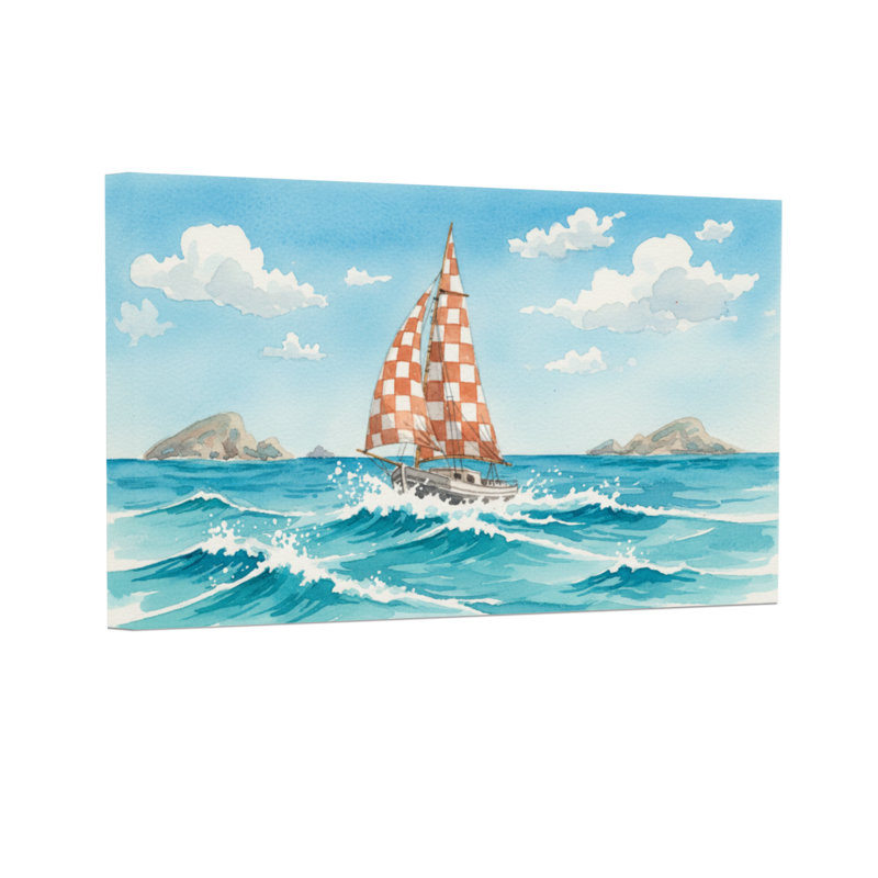 Paysage et nature voilier sur les vagues de l'océan avec voile à carreaux, H 20 po x l 30 po