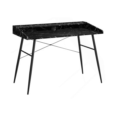 Bureau d'ordinateur moderne avec huche, tablettes de rangement et structure en métal robuste pour des espaces de travail à domicile efficaces.