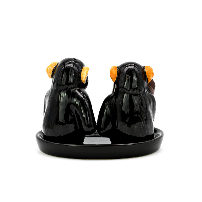SALT AND PEPPER SHAKER Monkey and black ceramic tray