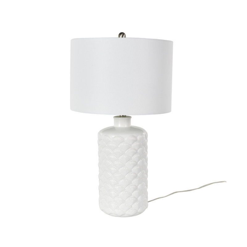 Ceramic Embedded Shell Room White Table Lamp With Drum Linen Shade