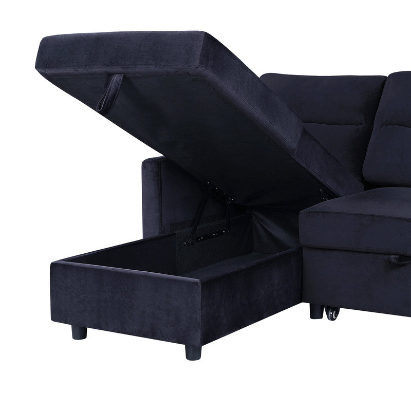 Canapé-lit modulaire réversible en velours noir de 81,5 po avec méridienne de rangement et poche latérale, Velours noir