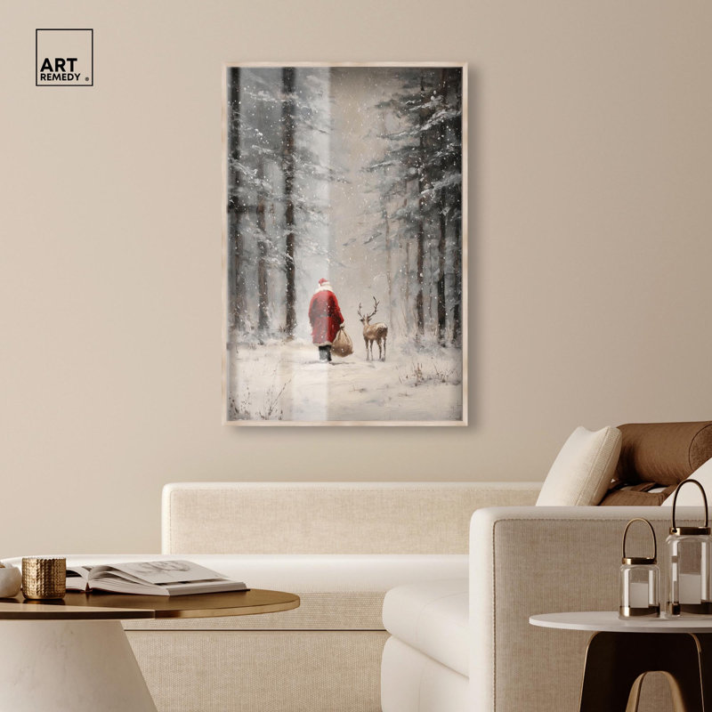 Snowy Holiday Walk Through the Forest Shadowbox Xmas Wall Decor by Art Remedy, Blonde Frame, 37 x 55, 55" H x 37" W