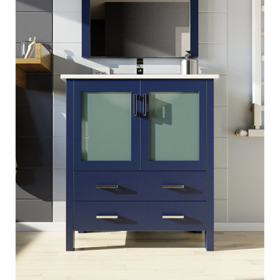 Bleu marine, 30 po W, meuble-lavabo, comptoir en céramique blanche, robinet monotrou, 28 cuves à miroir pleine grandeur ovales en acier inoxydable
