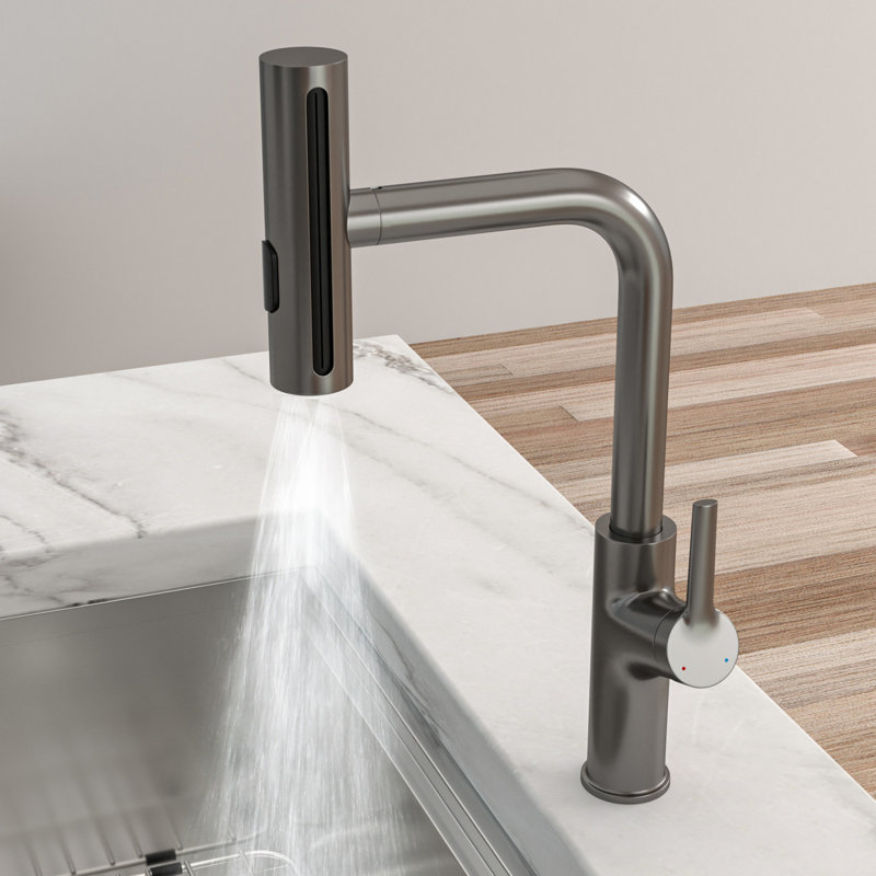 Gunmetal Black 360 Rotating Kitchen Faucet, 4 Spray Modes For Filling Pots, Splash - Control, Ceramic Cartridge, Complete , 1.65 Inches Base Width Pull Down Installation Kit,