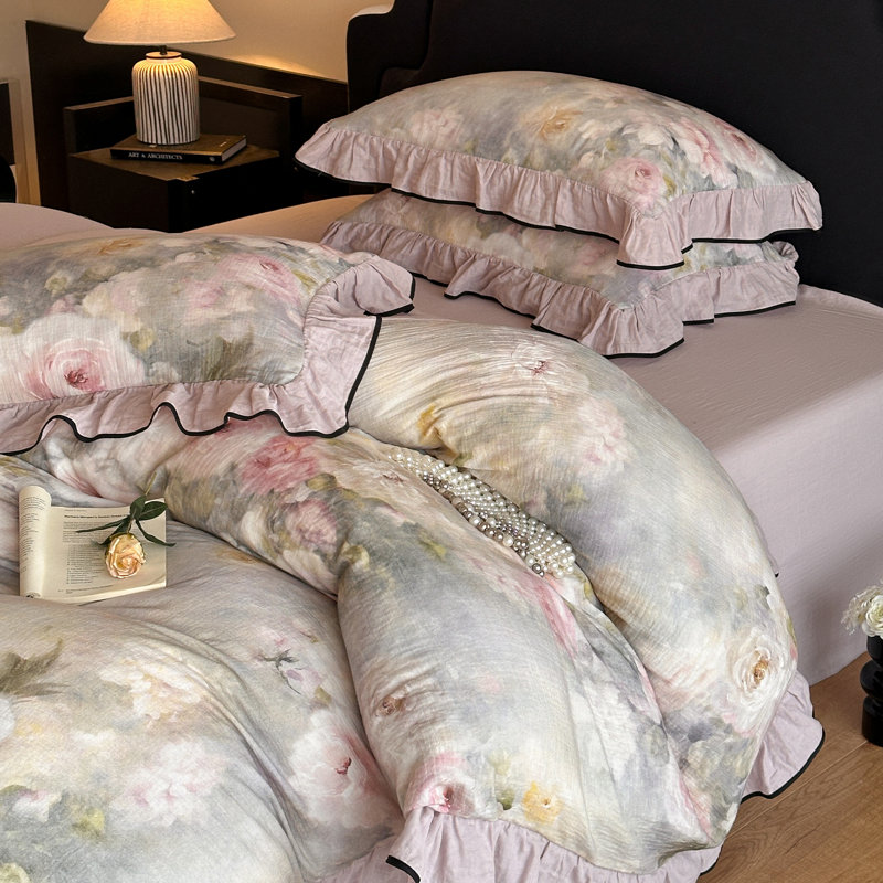 Floral Double-Layer Crinkle Cotton Duvet Cover Set, Queen Duvet Cover + 2 Pillowcases, Beige/Brown