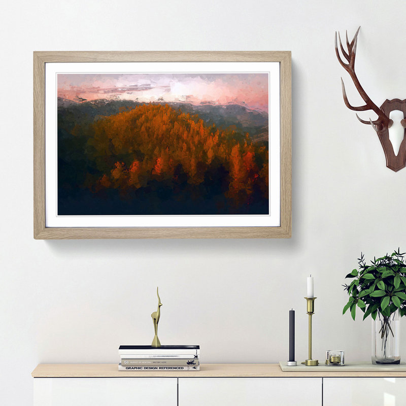 Sunset over an Autumn Forest in Abstract - Picture Frame Graphic Art Print, 62cm H x 87cm W x 2cm D, Oak Framed