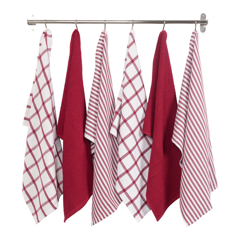 Kaf Home Premium Flat & Terry Kitchen Towel Set Of 6, 100% Cotton, 18" X 28", Red