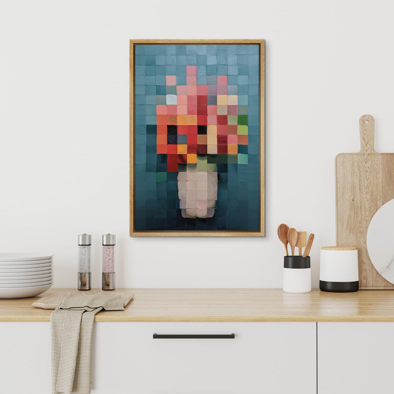 Bouquet floral dans un vase, encadré sur toile, Naturel, H 24 po x l 16 po