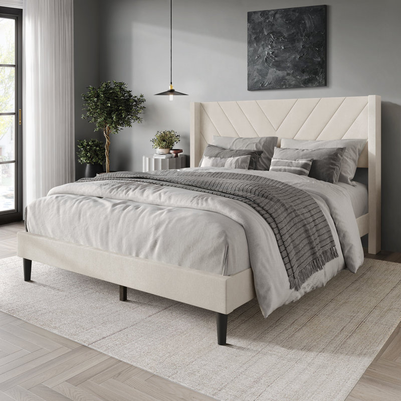 Elegence Wingback Platform Bed, Beige, Queen