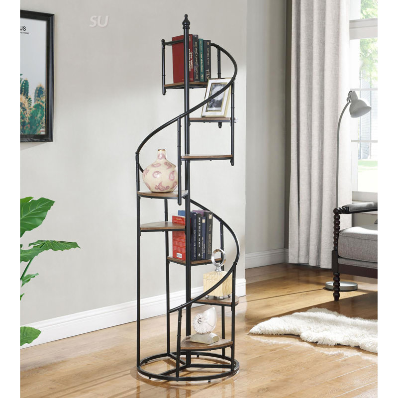 Bibliothèque à 8 tablettes avec design rustique-industriel, rangement spacieux et structure en métal durable pour les intérieurs modernes