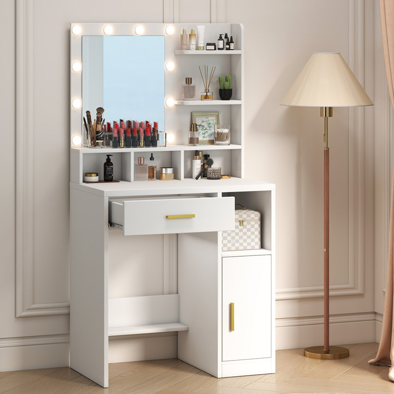 Coiffeuse moderne blanche à DEL de 55 po de hauteur avec accents dorés