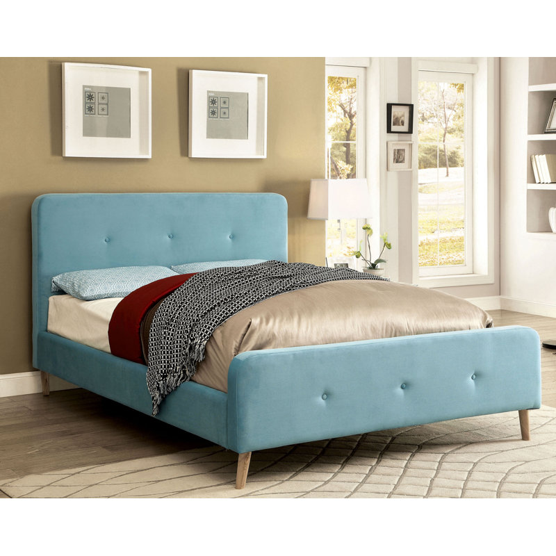 Upholstered Platform Bed, Full, Light Blue