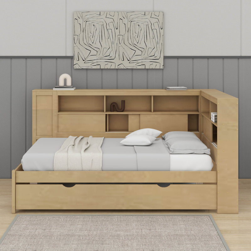 Lit de jour simple en bois avec tablettes, USB et lit gigogne, Naturel