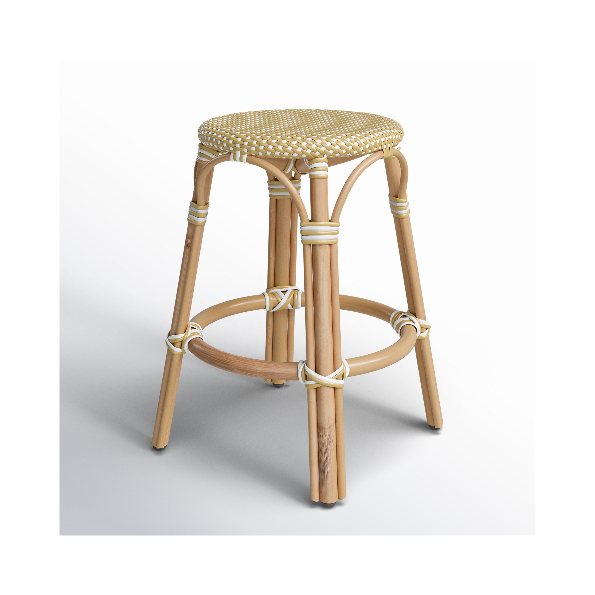 Alastair Bar & Counter Stool, Yellow/White Dot/Natural Rattan Frame, Counter Stool (24" Seat Height)