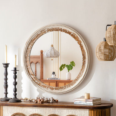 Round Manufactured Wood Wall Mirror with Beaded Detailing 