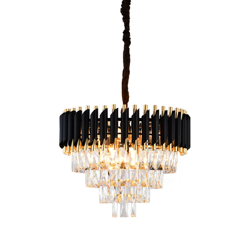 Lustre 8 lumières doré et noir avec cristaux transparents