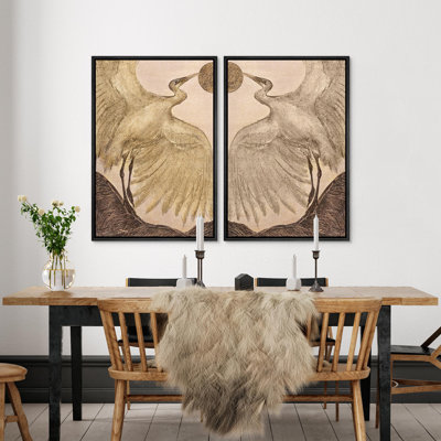 Heron Birds Animal Moted Neutral Modern Boho Framed Canvas Print 2 Pieces Wall Art