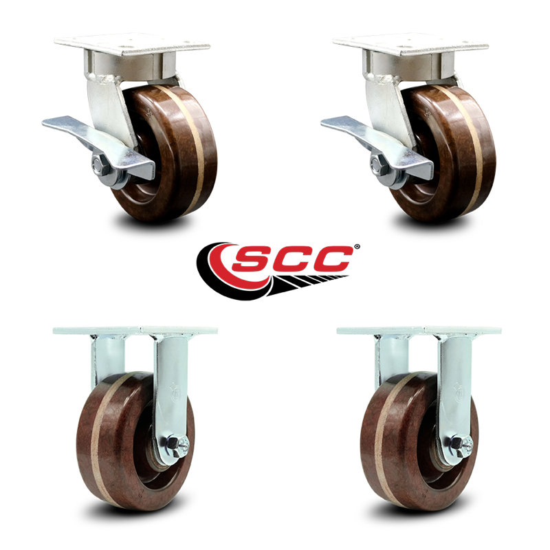 5 Inch Kingpinless High Temp Phenolic Wheel Caster Set 2 Brakes 2 Rigid SCC
