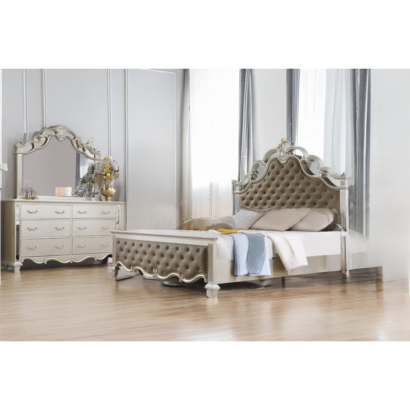 Ebonee Champagne Faux Leather Upholstered Tufted Panel Bedroom Set