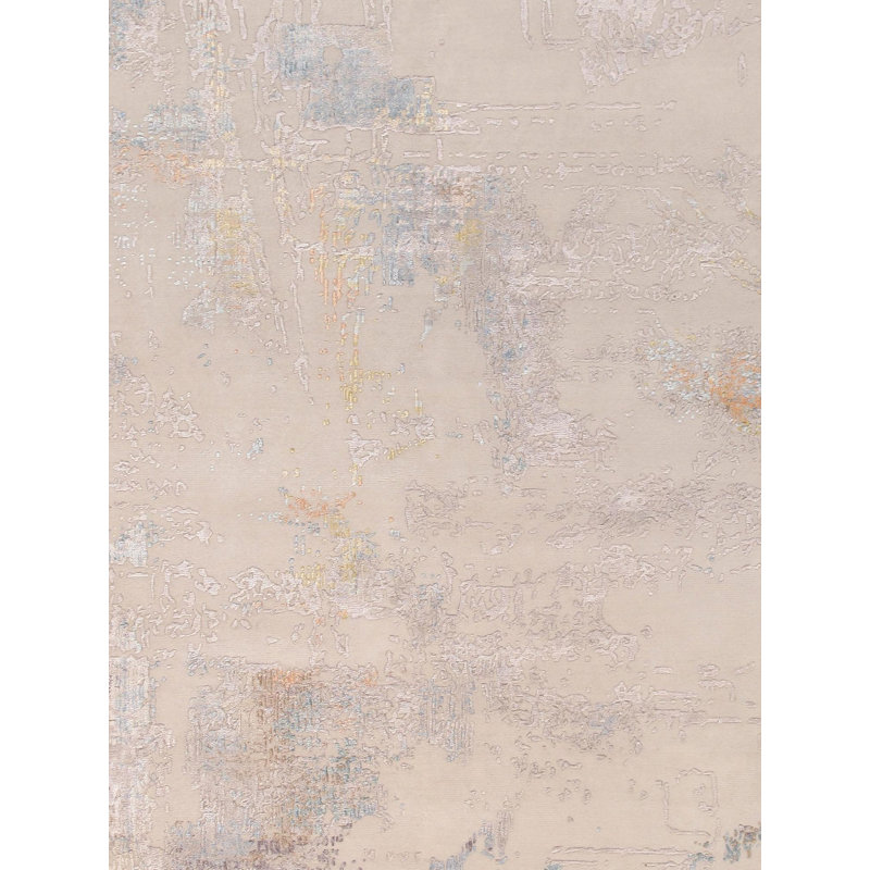 Tapis beige / bleu en laine / soie à motif abstrait Abstract, Rectangle de 10 pi x 14 pi