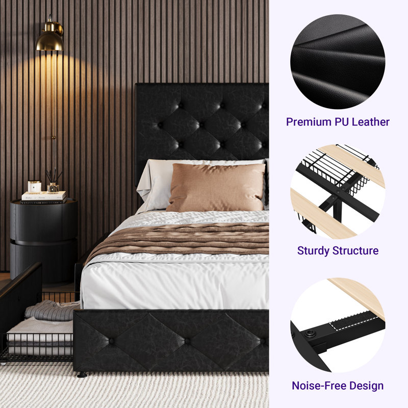 Zelna Upholstered Platform Storage Bed with 4 Drawers and Sleek Button Tufting, Black, King