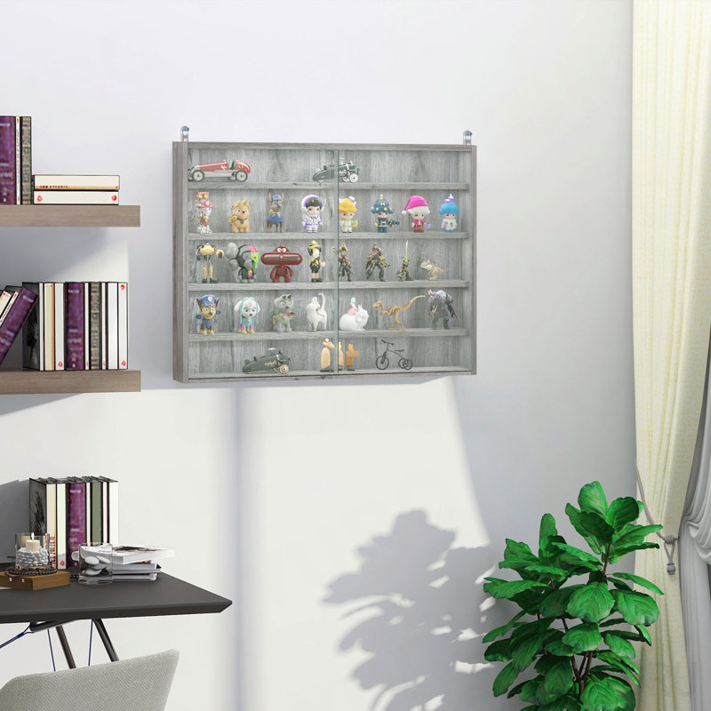 Vitrine 5 niveaux, verre, 2 portes, fixation murale - standard, Gray