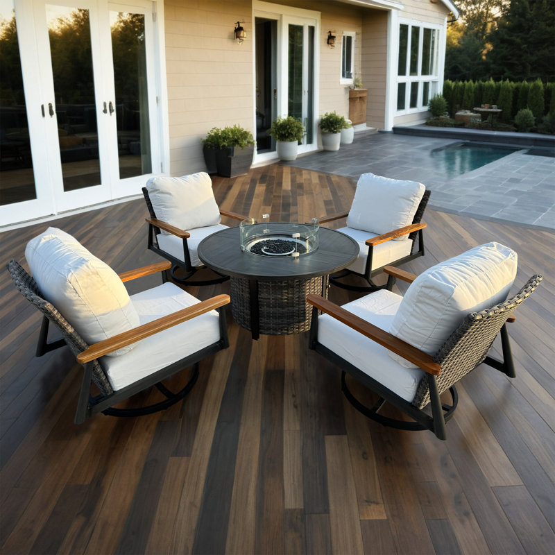 Ensemble de 5 sièges d'extérieur en osier pour patio avec coussins, Gris, Fonte naturelle