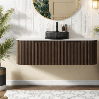 Meuble-lavabo mural spacieux 48 po avec lavabo en verre, design noyer moderne