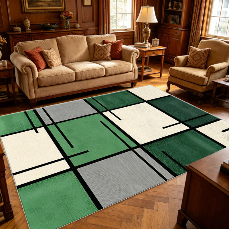 Forest Green Grid area rugs for Living Room, Soft and Comfortable, Suitable for all seasons, easy to maintain, machine washable Indoor floor mat, Under Table Farmhouse suitable for Bedroom, Dining Room, Study, Patio, Balcony, Home Decor