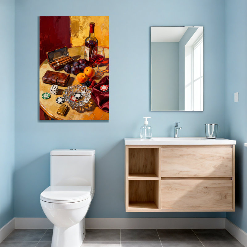Mode nature morte avec vin et cigares, H 40 po x l 28 po