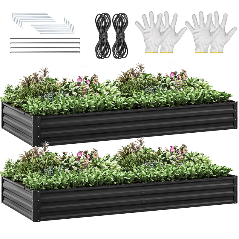 Metal Outdoor Raised Garden Bed(Set of 2), 12" H x 96" W x 48" D, Black, 2